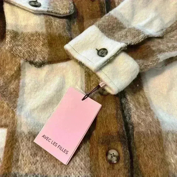 Avec Les Filles NWT Cognac Plaid Oversized Shacket Neutral Brown Button Down S - Picture 7 of 9